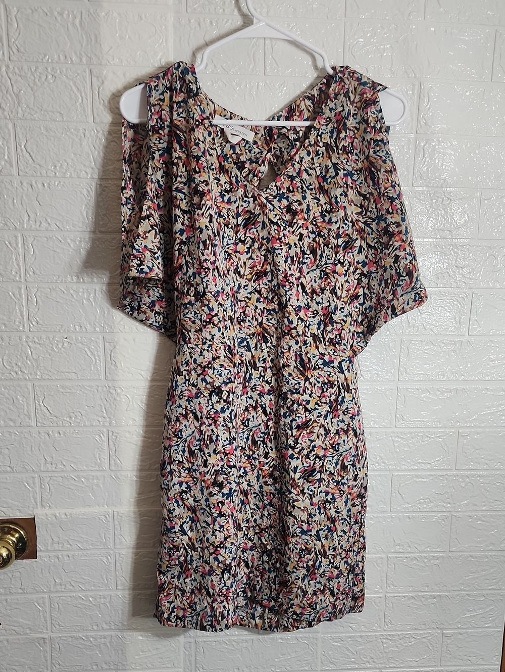 BCBGeneration One-Shoulder Floral Dress in Cream, Navy & Pink